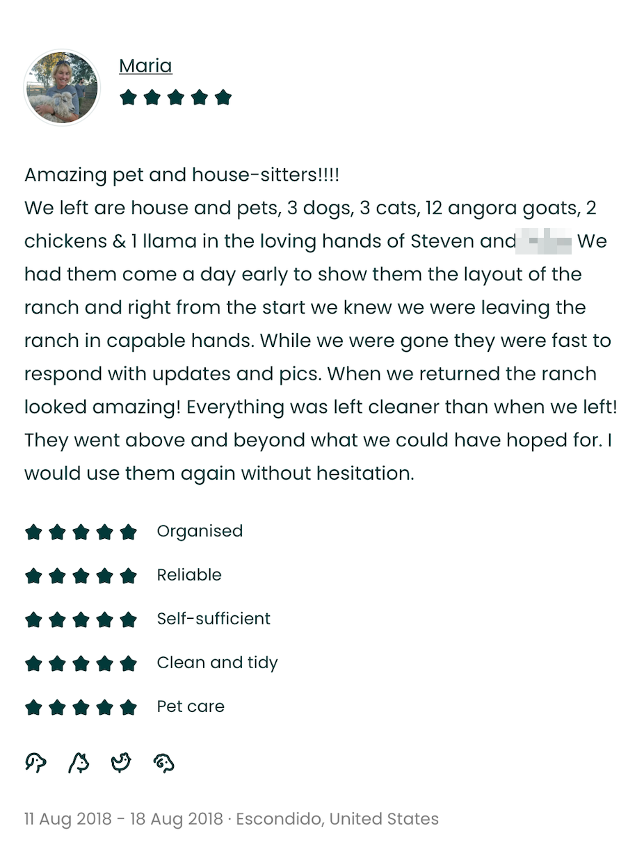 TrustedHousesitters five-star review — Escondido, California