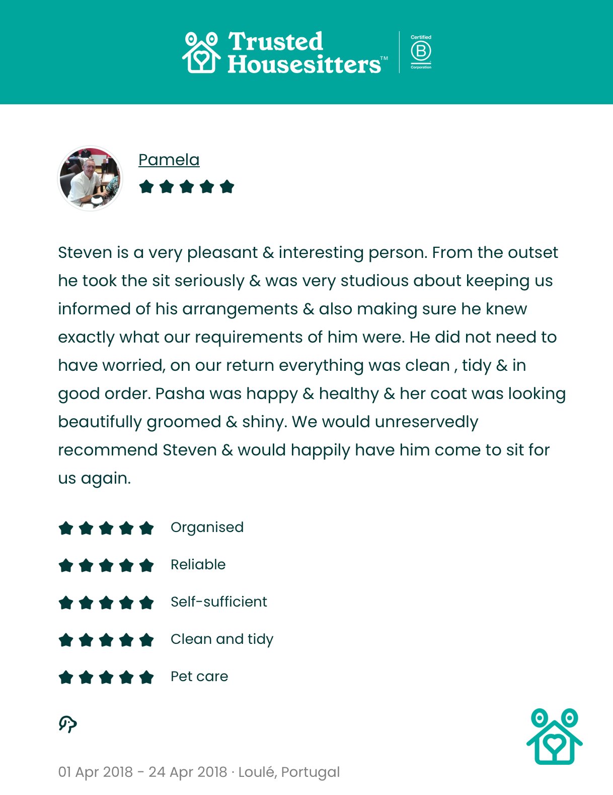 Pamela's 5-star TrustedHousesitters review