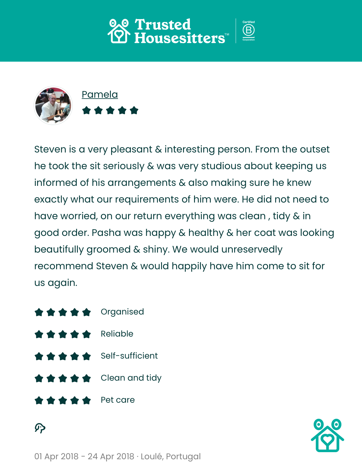 Pamela's 5-star TrustedHousesitters review