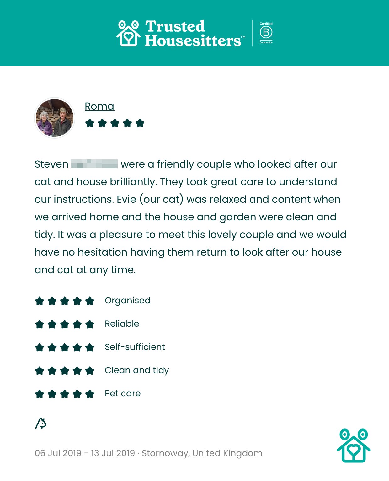 Roma's 5-star TrustedHousesitters review