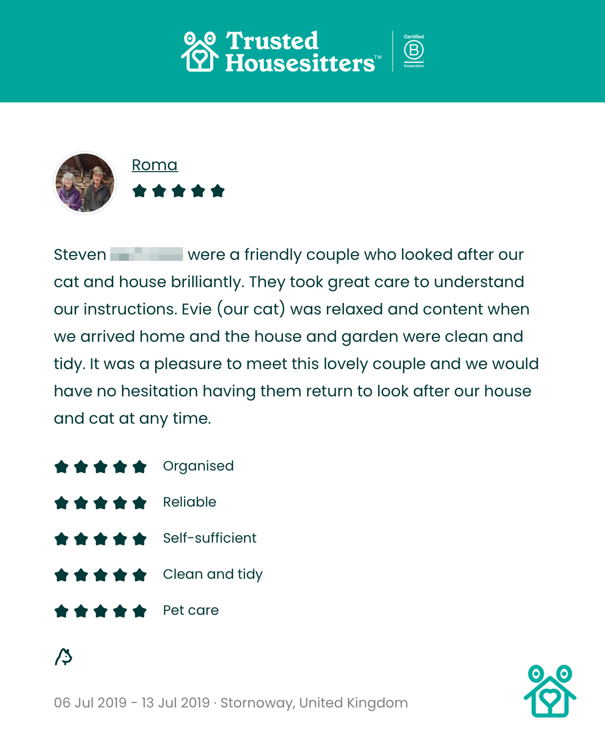 Roma's 5-star TrustedHousesitters review
