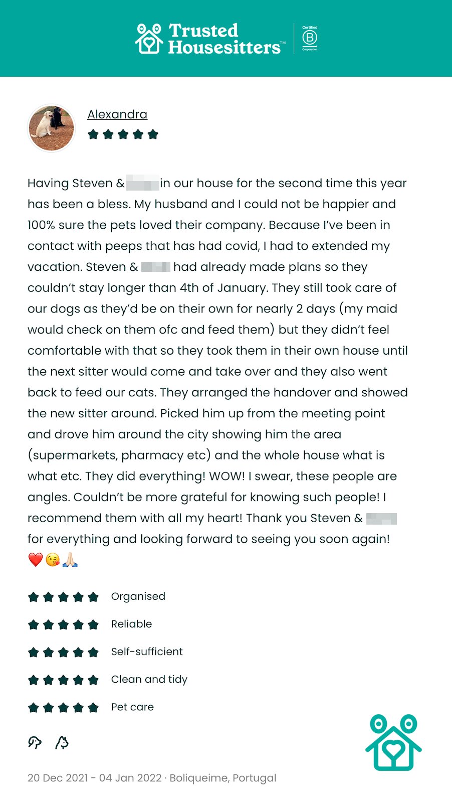 Alexandra's 5-star TrustedHousesitters review