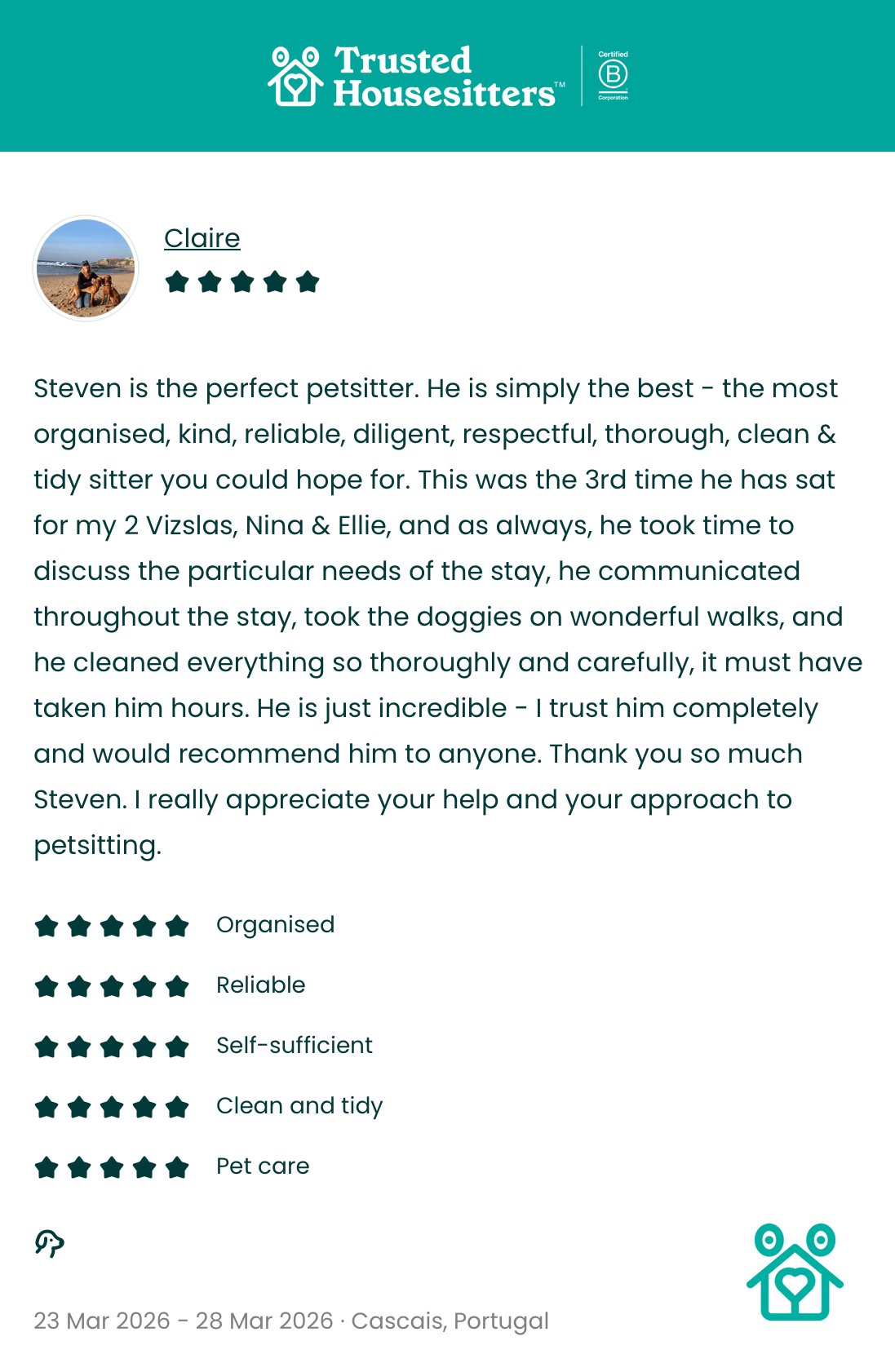 Claire's 5-star TrustedHousesitters review