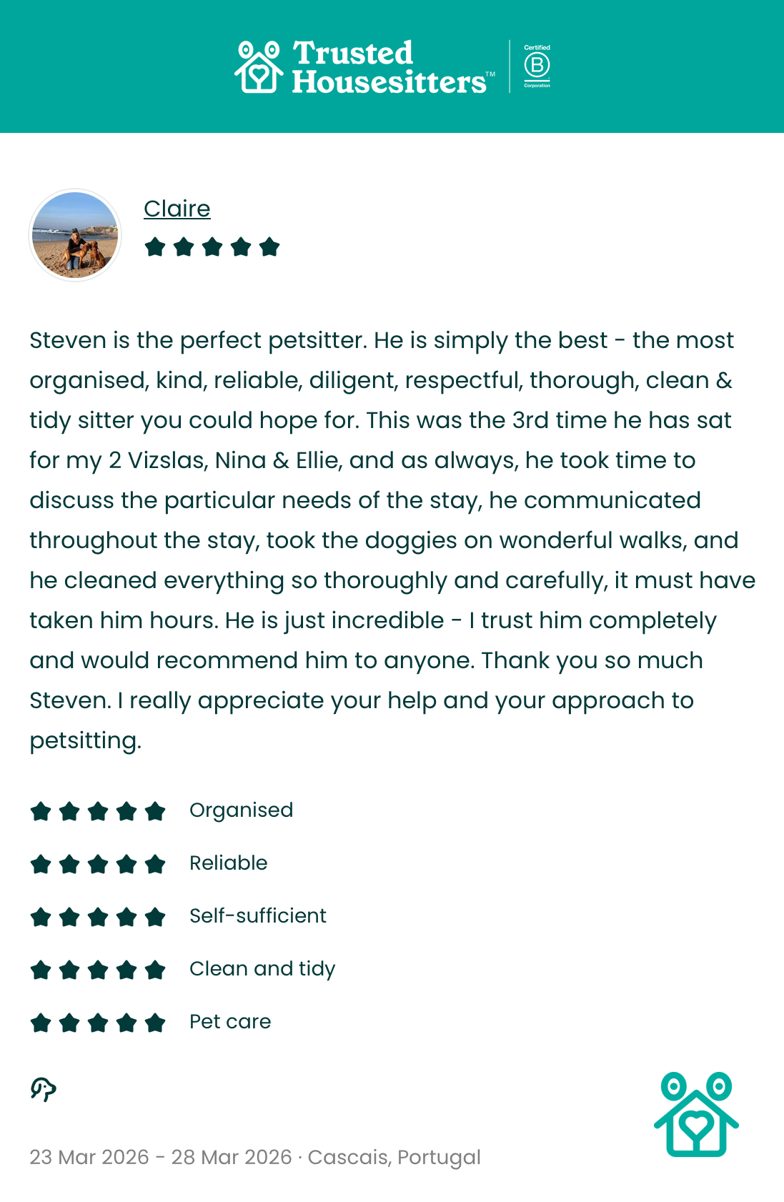 Claire's 5-star TrustedHousesitters review