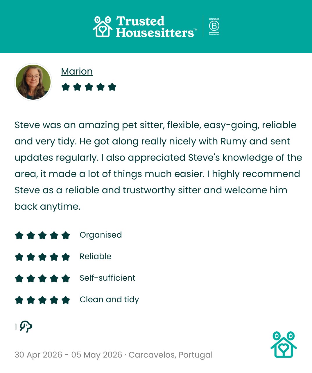 Marion's 5-star TrustedHousesitters review