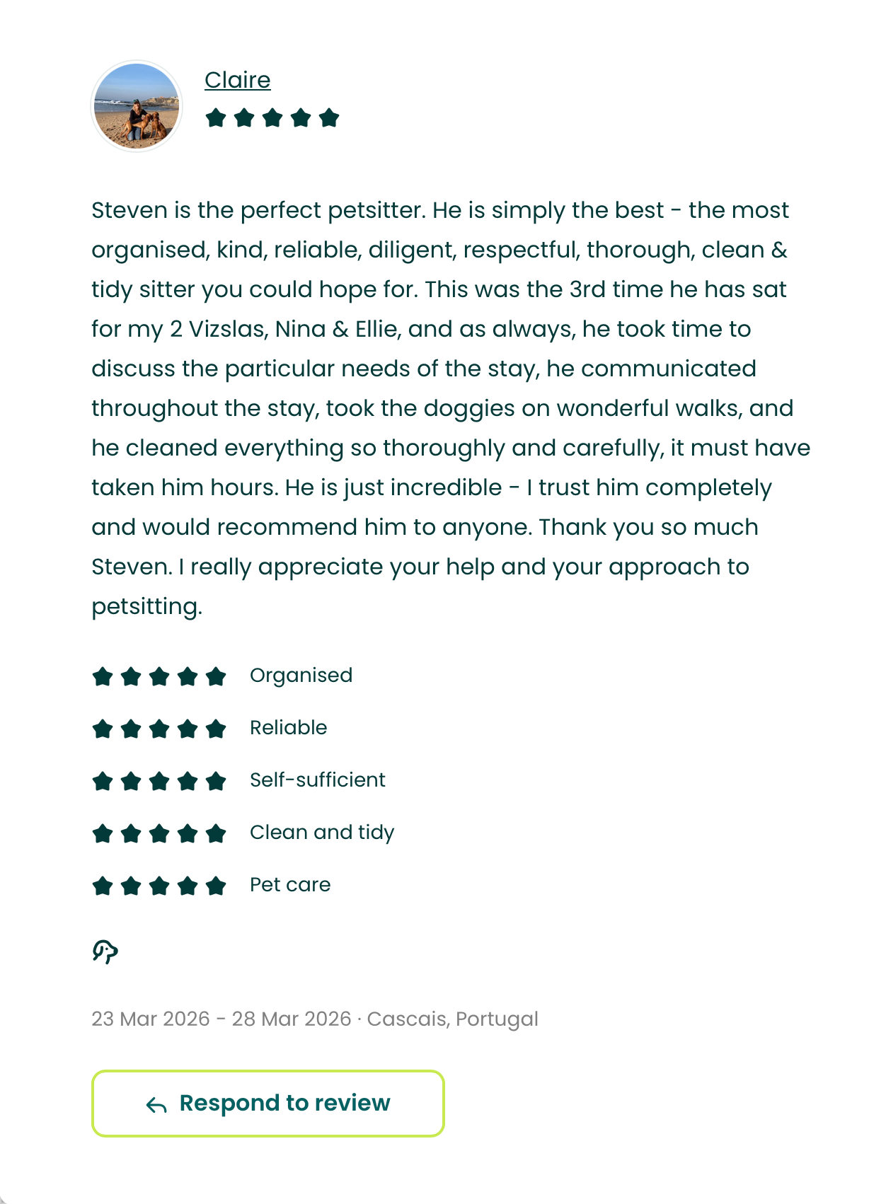 Claire's five-star review — March 2026, Cascais