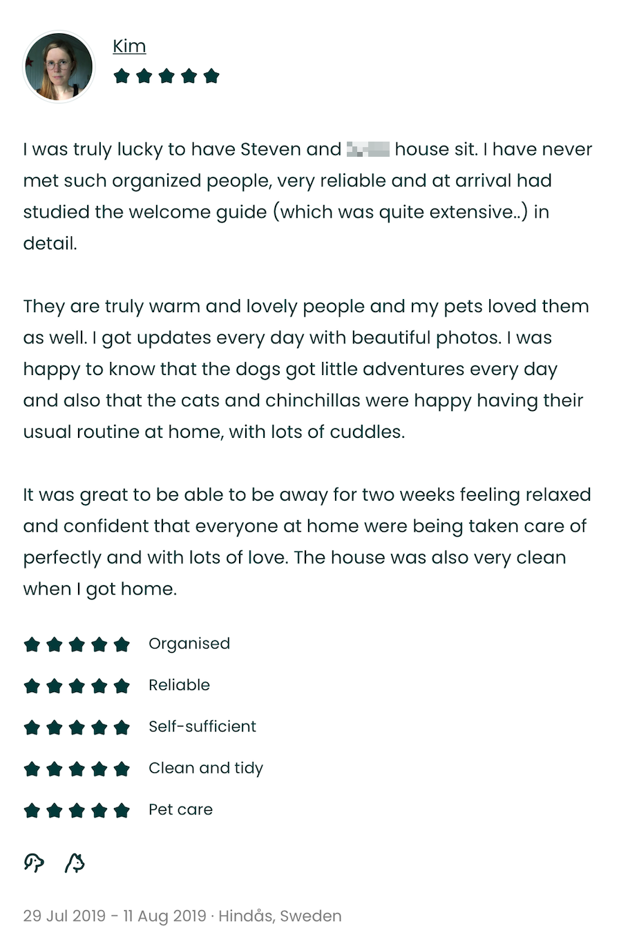 TrustedHousesitters review — Hindas, Sweden