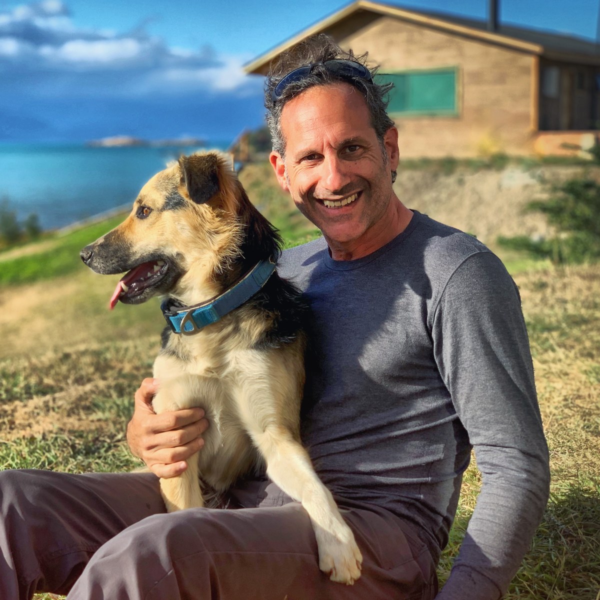 Steven with a dog in Patagonia, Chile