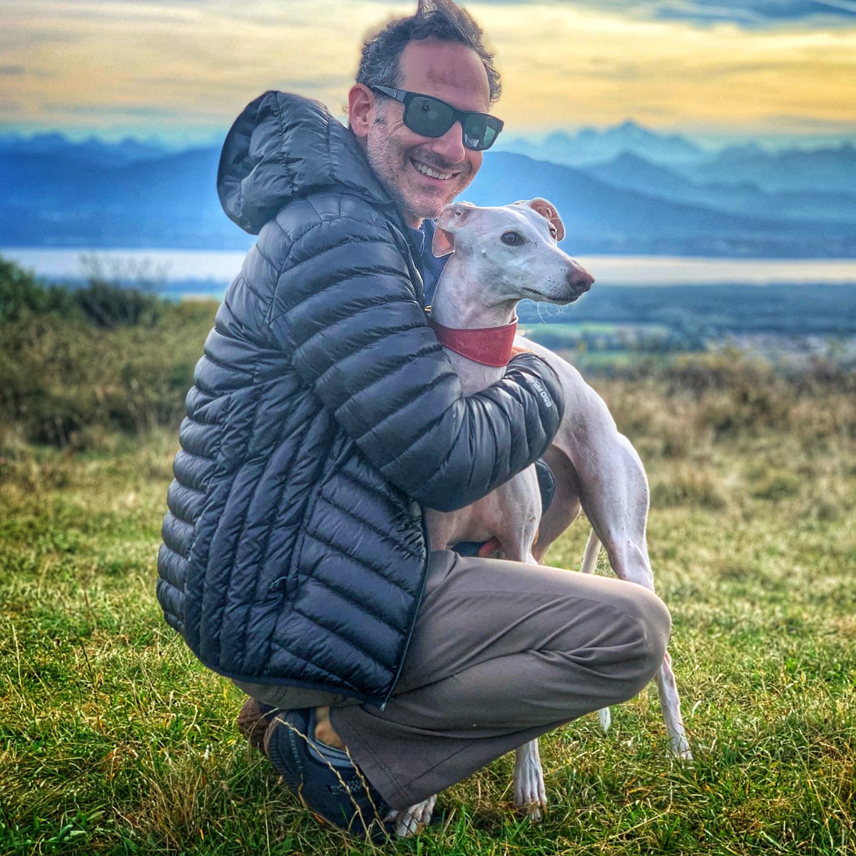 Mabel the Galgo at Lake Geneva, Switzerland
